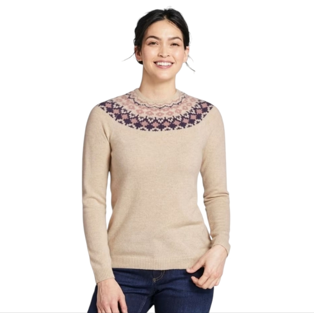 L.L.Bean Classic Cashmere Fair Isle Sweater Funnel Neck Oatmeal Soft Wom…